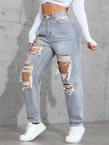 SHEIN ICON Plus Size Women Casual High Waist Loose Distressed Button Denim Jeans - Blue - View 6