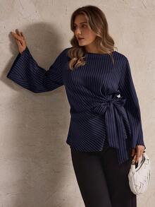 Elegantrix Plus Size Women Striped Tie-Up Flare Sleeve Casual Shirt, Autumn/Winter - Navy Blue - View 2