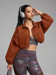 Innovista 女士棕橙色拉链长袖短款运动夹克，轻便防风弹力梭织面料，下摆抽绳可调节，适合户外跑步、健身房、通勤、瑜伽、室内骑行、Peloton、澳网公开赛、2026新年健身焕新、一月健身动力、情人节必备、活力生活方式服饰、健身女装套装、运动女装套装 - 棕色 - 查看 5