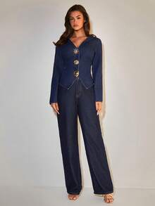 COSMINA Denim Women's Solid Color V-Neck Metal Button Casual Long Sleeve Denim Blouse - Blue - View 3