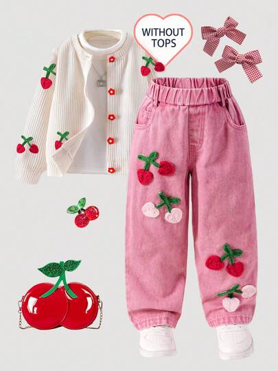 Young Girl' Vintage Handmade Crochet 3D Pink Red Cherry Blossom, Comfortable Loose Casual Washed Pink Wide Leg Jeans, Suitable For Daily Casual, School, Campus, Vacation, Handmade 3D Crochet Straight Leg Pants