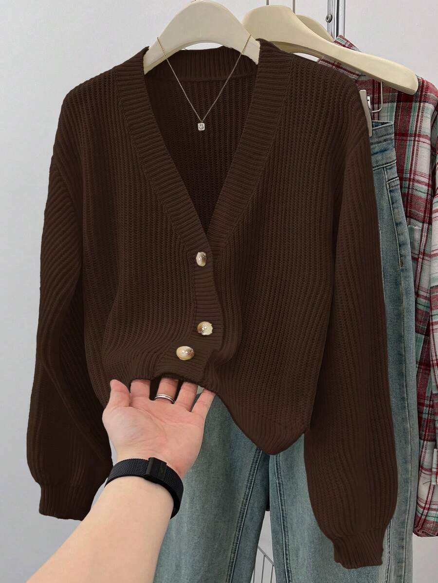 SHEIN Teen Girls' Solid V-Neck Cropped Casual Loose Drop Shoulder Long Sleeve Cardigan Sweater, Autumn - Brown - View 1