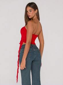 SHEIN ICON Y2K Women's Asymmetric Hem Ruched Ruffled Hem Strapless Mesh Top Strapless Top Red Casual Top Red Tube Top - Red - View 2