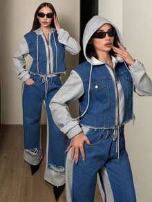 Jeanoix Women's Autumn Contrast Color Zipper Hooded Drawstring Casual Denim Jacket - Blue - View 4