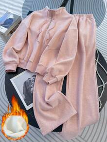 Franclia 2件套女士休闲运动拉链立领卫衣和裤子套装，秋季 - 粉色 - 查看 3