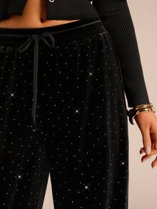 Glamine Women's Elegant Velvet Rhinestone Embellished Wide Leg Pants, Flattering Leg Silhouette Rhinestone Pants Palazzo Pants Women - Black - View 2