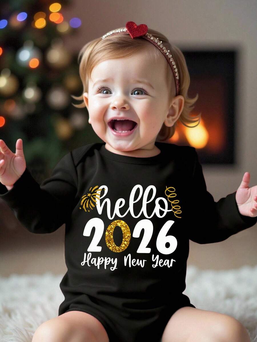 SHEIN 新年快乐女宝宝舒适长袖连体衣，印有“Hello 2026 Happy New Year”图案，适合秋冬春季穿着，轻盈舒适，时尚休闲，适合返校、聚会、户外野餐、街头摄影、假期以及作为礼物。 - 彩色 - 查看 1