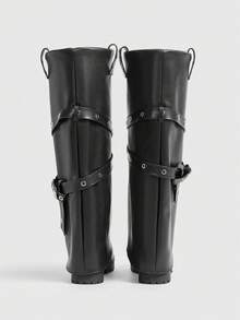 Sugerpunk Women's Fashion Adjustable Buckle Thick Heel Knee-High Boots For Christmas - Black - View 5