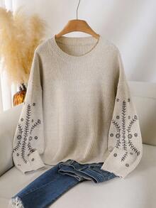 CosyJoli Plus Size Casual Okrągły Dekolt Dopasowany Haftowany Kwiatowy Sweter Jesienny Haftowany Sweter Uroczy Sweter Damski Sweter Sweter Dla Kobiet Damski Sweter Dzianinowy Uroczy Sweter Damski Haftowany Sweter - Kolor khaki - Zobacz 6
