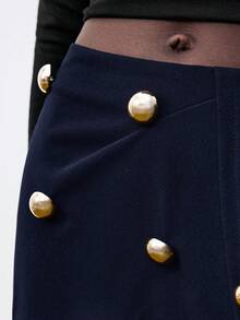 Maija 女士时尚不对称下摆金属装饰半身裙，适合通勤、商务、休闲、办公、教师制服等场合，优雅别致，亦适合圣诞节和新年穿着。 - 藏蓝色 - 查看 6