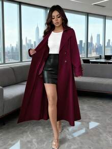 Rafferiza Women's Casual Cinched Waist Double-Breasted Long Trench Coat, Khaki, Spring/Autumn, Commuting, Elegant Daily Wear - Burgundy - View 5