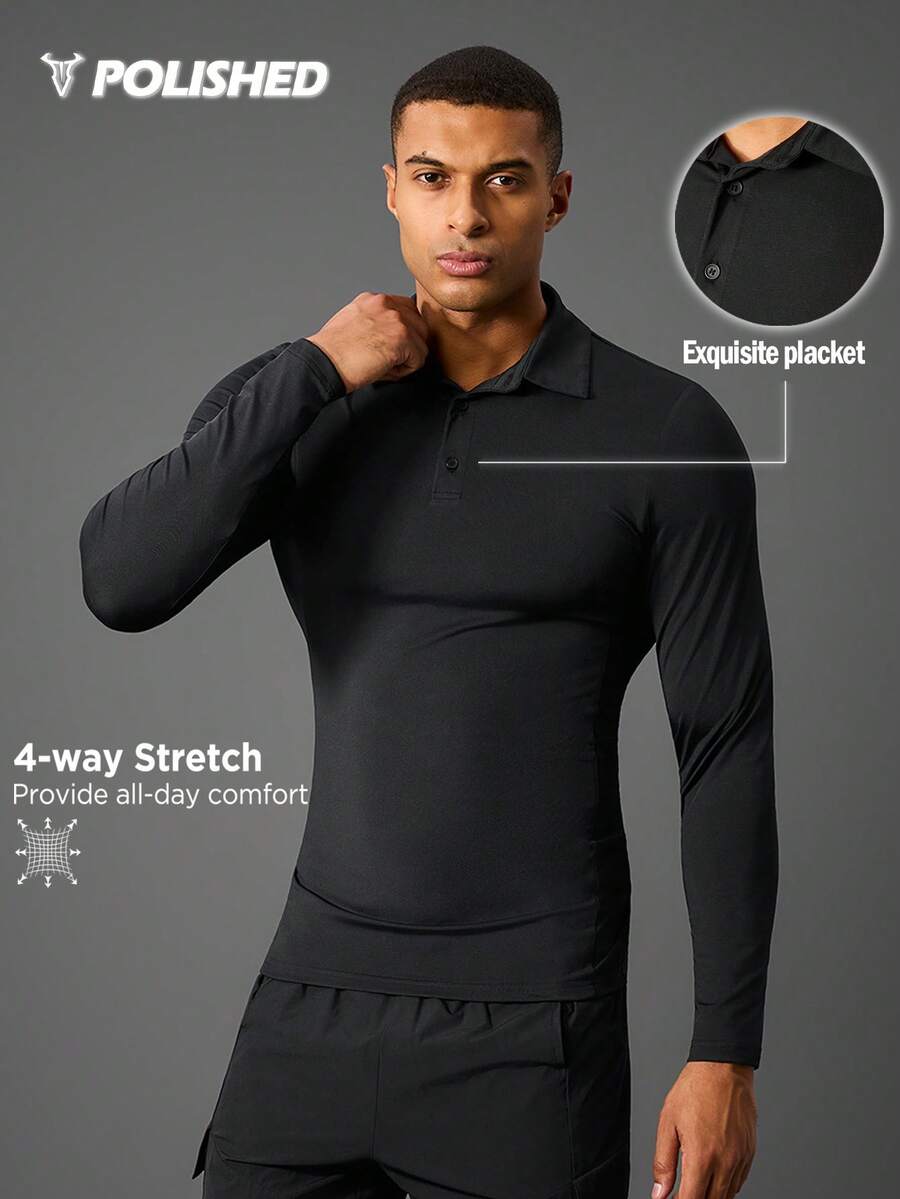 Manfinity Sport Corelite 男士运动Polo衫，休闲、跑步、健身压缩衫 - 黑色 - 查看 1