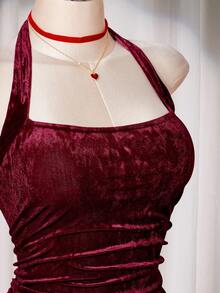 SHEIN ICON 大码女式荷叶边挂脖迷你连衣裙，秋冬 - 紅色 - 查看 7