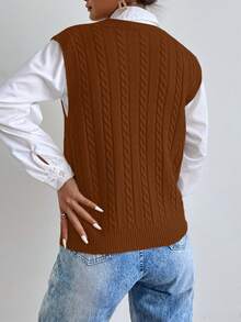 Almamuse 女士时尚休闲V领扭结针织背心，秋冬季 - 咖啡棕 - 查看 2