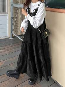 FRIFUL Women's Bow Tie Strap Corduroy A-Line Sleeveless Casual Long Dress - Dark Grey - View 8