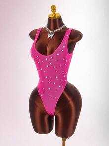 Amplova Shiny Fabric Sexy Plunging Neckline Women's Bodysuit - Multicolor - View 3