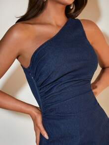 COSMINA Women's Elegant Ruched Elastic Denim Mini Dress, Suitable For Commute, Office, Vacation And Casual Wear, All Season Navy Blue - Dark Wash - View 5