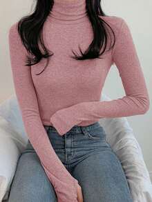 DAZY تي شيرت أساسي بياقة عالية أكمام طويلة لون سادة نسائي ضيق