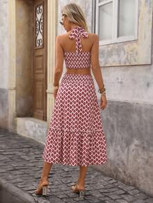 Brillora 女士休闲交叉露背吊带上衣和宽松A字印花半裙沙滩两件套，春夏款 - 彩色 - 查看 2