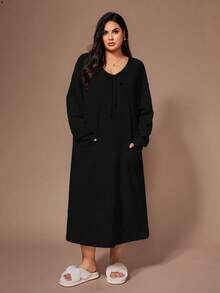 Lazeform 大码柔软亲肤雪纺碎花休闲双口袋蝴蝶结睡衣睡袍，哞哞睡裙