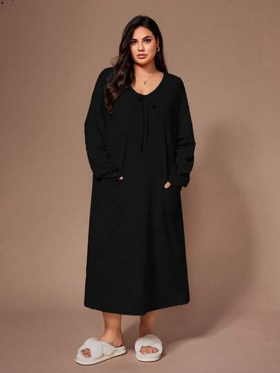 Lazeform 大码柔软亲肤雪纺碎花休闲双口袋蝴蝶结睡衣睡袍，哞哞睡裙