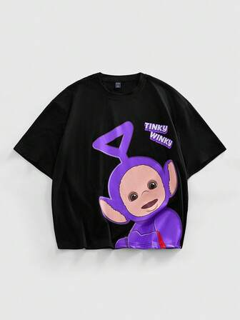 Teletubbies X ROMWE Men's Casual Cute Cartoon Pattern Round Neck Short Sleeve T-Shirt, Summer