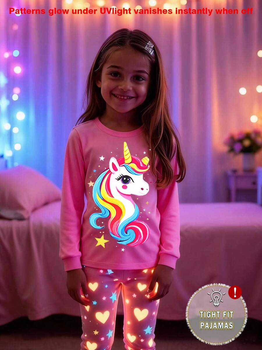 2pcs/Set Young Girls Glow-In-The-Dark Cute Unicorn Print Pink Knit Long Sleeve Top And Heart & Star Print Leggings Tight Fit Pajama Set, Comfortable For Autumn Girls Unicorn Pajamas Snug Fit Snug Fit .This Product Requires UV Light Exposure To Glow.
