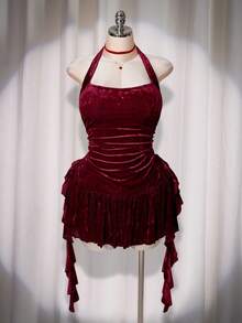 SHEIN ICON 大码女式荷叶边挂脖迷你连衣裙，秋冬 - 紅色 - 查看 3