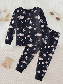 2件套男童太空卡通印花黑色针织弹力面料舒适柔软长袖上衣和紧身保暖裤秋冬睡衣 - 黑色 - 查看 2