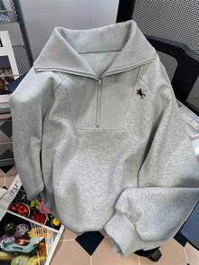 Resyla Casual Loose High Neck Zipper Half-Zip Graphic Print Long Sleeve Hoodie, Plus Size