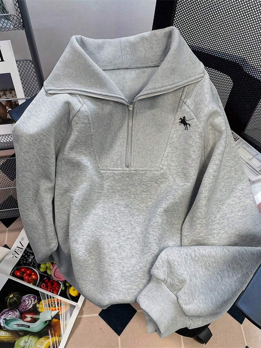 Resyla Casual Loose High Neck Zipper Half-Zip Graphic Print Long Sleeve Hoodie, Plus Size