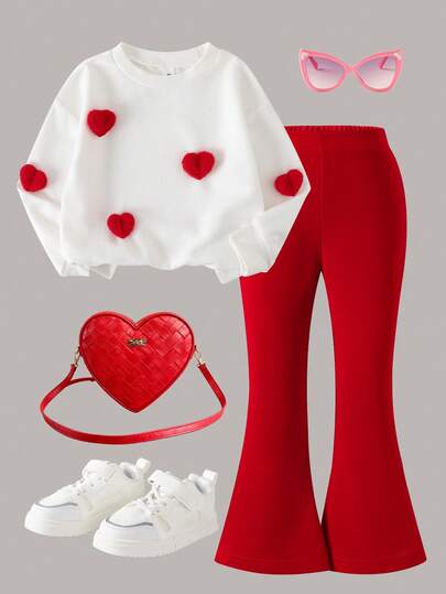 Set de 2 piezas de top de manga larga con cuello redondo y decoración de mariposa tejida, y pantalones rojos acampanados para niñas, para primavera/otoño