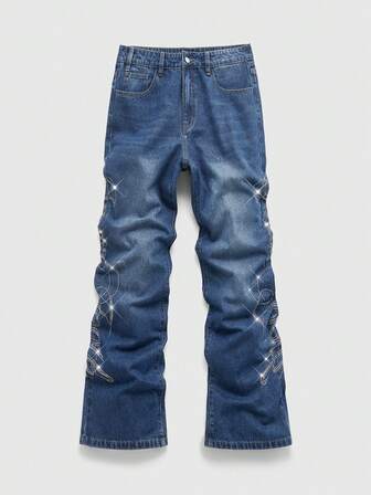 Jeans casuales de pierna ancha y holgados con bolsillo con aplicación de strass para hombres