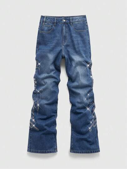 Jeans casuales de pierna ancha y holgados con bolsillo con aplicación de strass para hombres