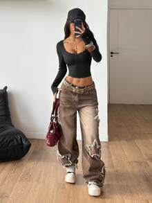 Coolane Women's Spring/Summer Streetwear Y2K Daily Wear Casual Date Night Rib Knit Lace Patchwork Stretchy Slim Fit Long Sleeve Crop Square Neck T-Shirt - Black - View 5