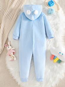 1pc Young Girl' Plush Thick Blue Cloud & Smiling Face Embroidered Pink Hooded Jumpsuit, Cute Autumn/Winter Sleepwear