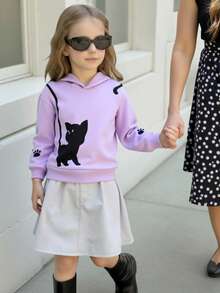 Genkimix Kids 女童休闲可爱猫咪印花连帽抓绒长袖卫衣，秋冬款 - 紫色 - 查看 2