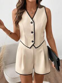 SHEIN Clasi Women's Contrast Trim Top And Shorts 2 Pieces Set Summer Suits For Women 2 Piece Sets Woman Classy