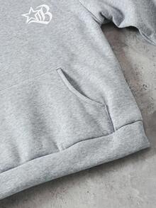 SHEIN Coolqubz 2 件套男童时尚连帽运动衫，带口袋和条纹拼布印花直筒裤，休闲户外装，春/秋/冬 - 灰色 - 查看 5