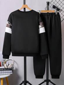 Vacaura 2 Pcs Casual Set For Teens,Camouflage Paneled Round Neck Long Sleeve Sweatshirt Matching With Side Stripe Joggers Pants,Black,Autumn,Streetwear Chic - Black - View 2
