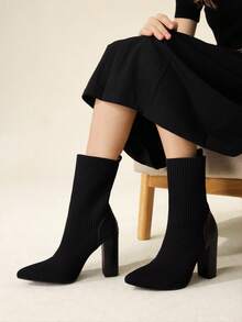 CUCCOO BASICS 女士时尚黑色针织弹力面料尖头粗跟中筒靴，修身长靴，适合通勤、约会、派对、度假 - 黑色 - 查看 10