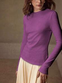 MOTF PREMIUM HIGH STRETCH SKIN-FRIENDLY SOLID COLOR ROUND NECK SLIM FIT FASHIONABLE LONG SLEEVE VERSATILE WOMEN'S BASE LAYER TOP - Purple - View 7