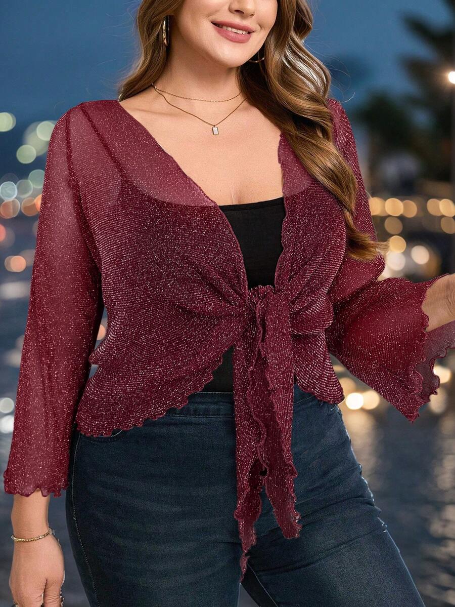 Gownix Áo khoác cardigan dáng ngắn tay bồng, viền bèo nhún phía trước khoét rỗng cho nữ cỡ lớn, màu lễ hội - Màu Đỏ Sâu - Xem 1