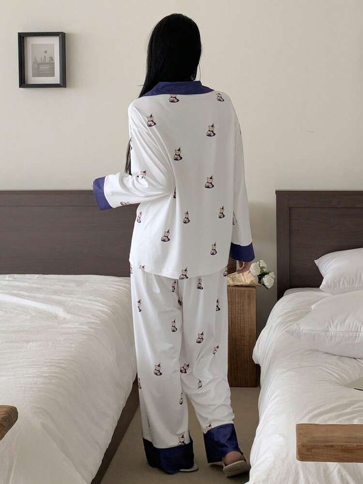 Cute Bear Print Contrast Color Design Women Pajama Set