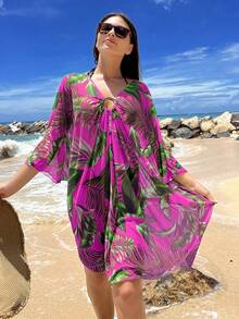 Swim Lushoire Beach Outfits For Woman Tropical Print Drawstring Front Cover Up Dress,Summer Beach - Multicolor - View 1