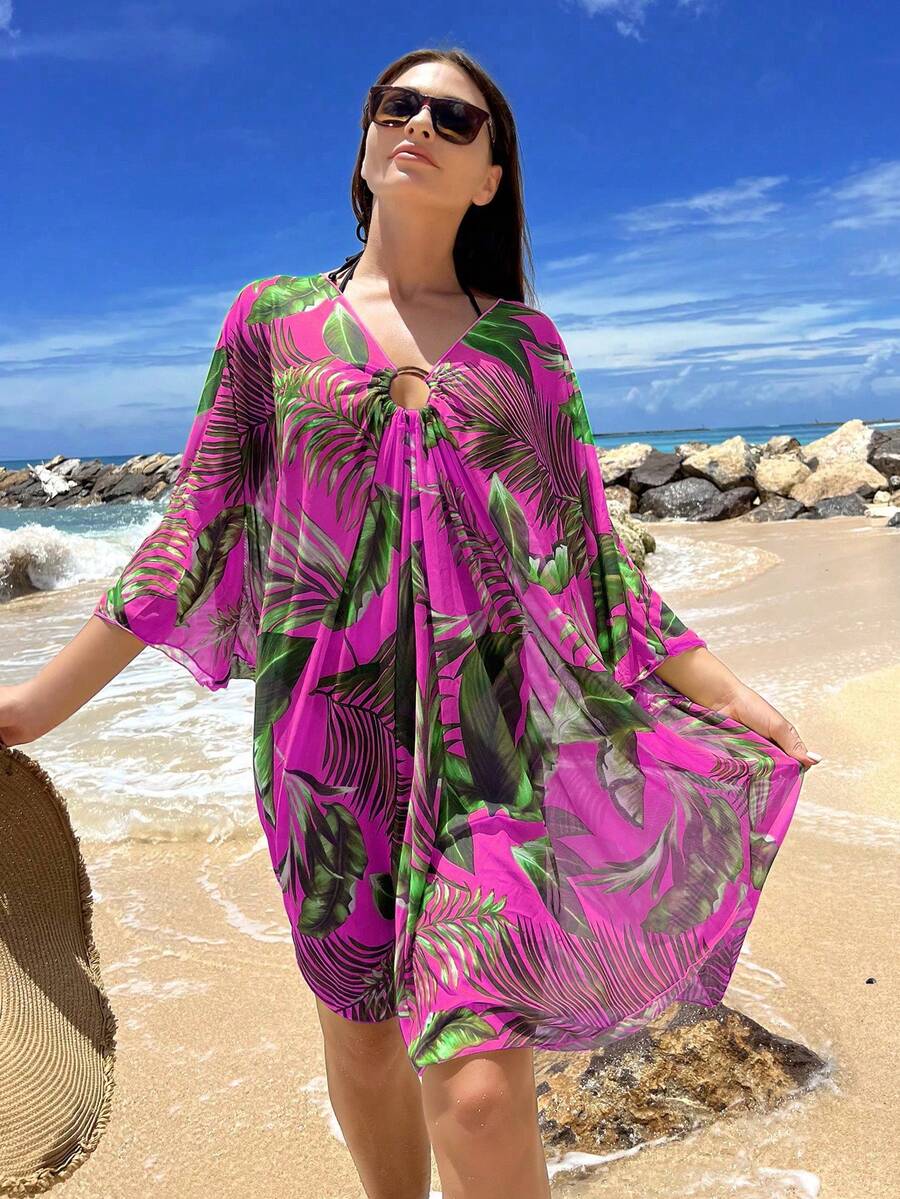 Swim Lushoire Beach Outfits For Woman Tropical Print Drawstring Front Cover Up Dress,Summer Beach - Multicolor - View 1