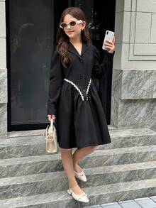 SHEIN Tween Girls Black Blazer Dress With Waist Cinching, Long Sleeves, Contrast Ruffle Trim, Casual Everyday Versatile Dress For Parties And Occasions - Black - View 4