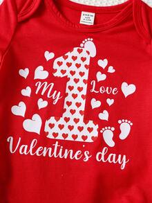 男婴休闲简约字母爱心印花短袖连体衣，适合春夏穿着，适合生日派对、晚宴、演出、婚礼、满月庆典、洗礼、周岁生日以及情人节等节日。 - 紅色 - 查看 3