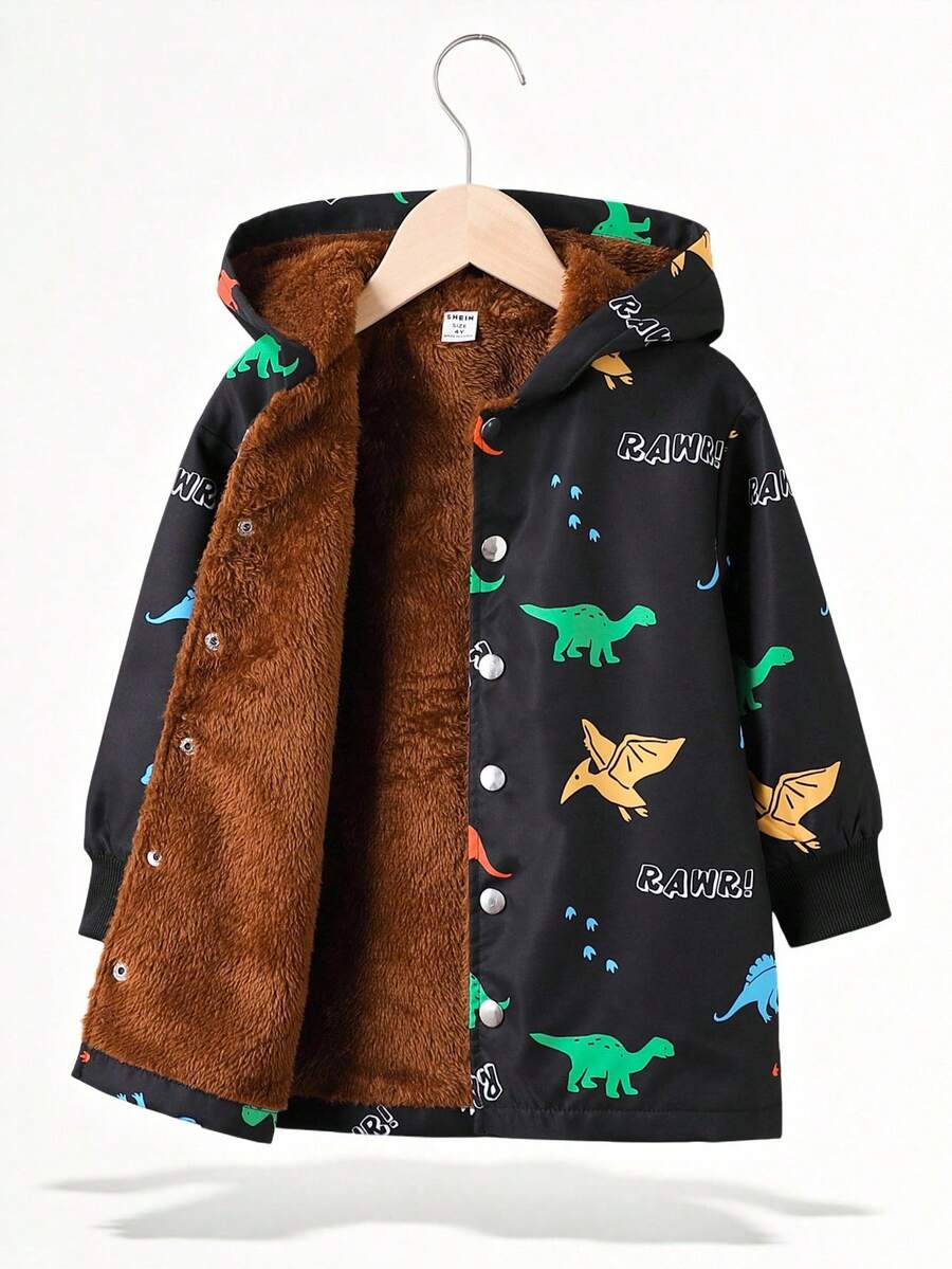 SHEIN 男童恐龙字母印花保暖内衬休闲连帽夹克，秋冬 - 彩色 - 查看 1