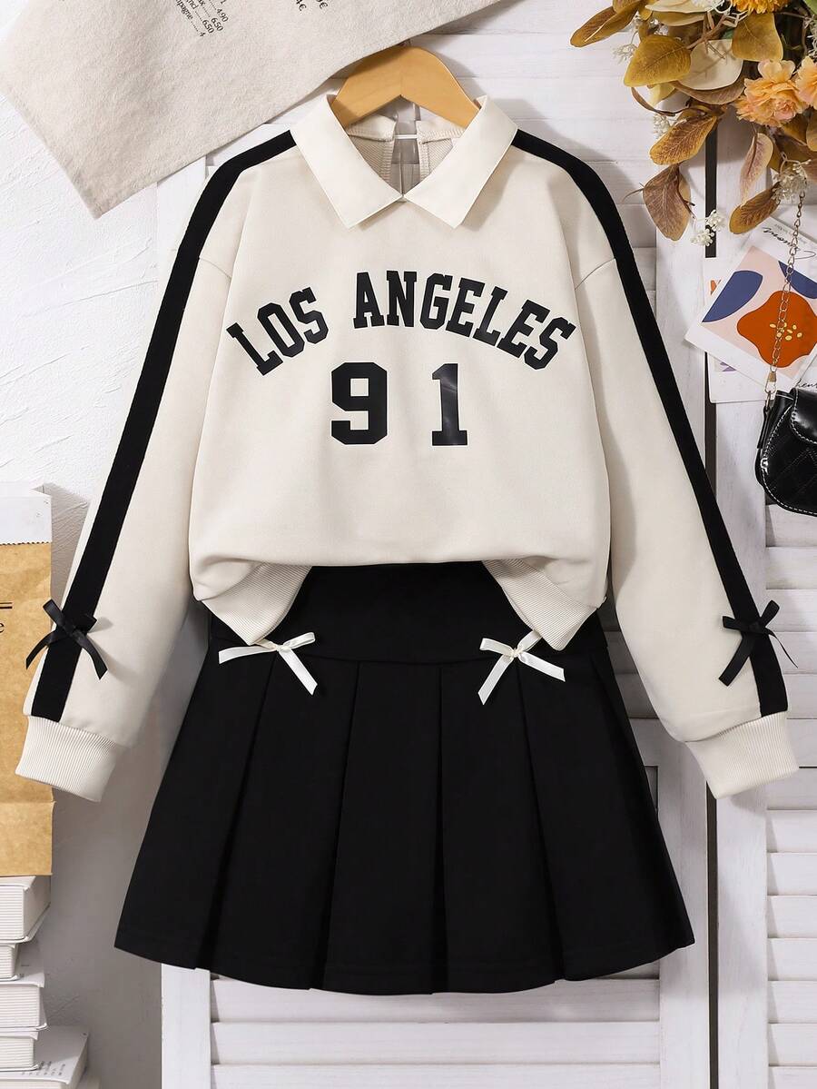 SHEIN 2pcs/Set Tween Girls' School Style Collared Sweatshirt With English Print Paired With Fashionable Pleated Skirt, Featuring Contrast Sleeve Ribbon And Bow Decor, Comfortable Knit Fabric, Youthful Vibe, Suitable For School Or Casual Outings - Multicolor - View 1
